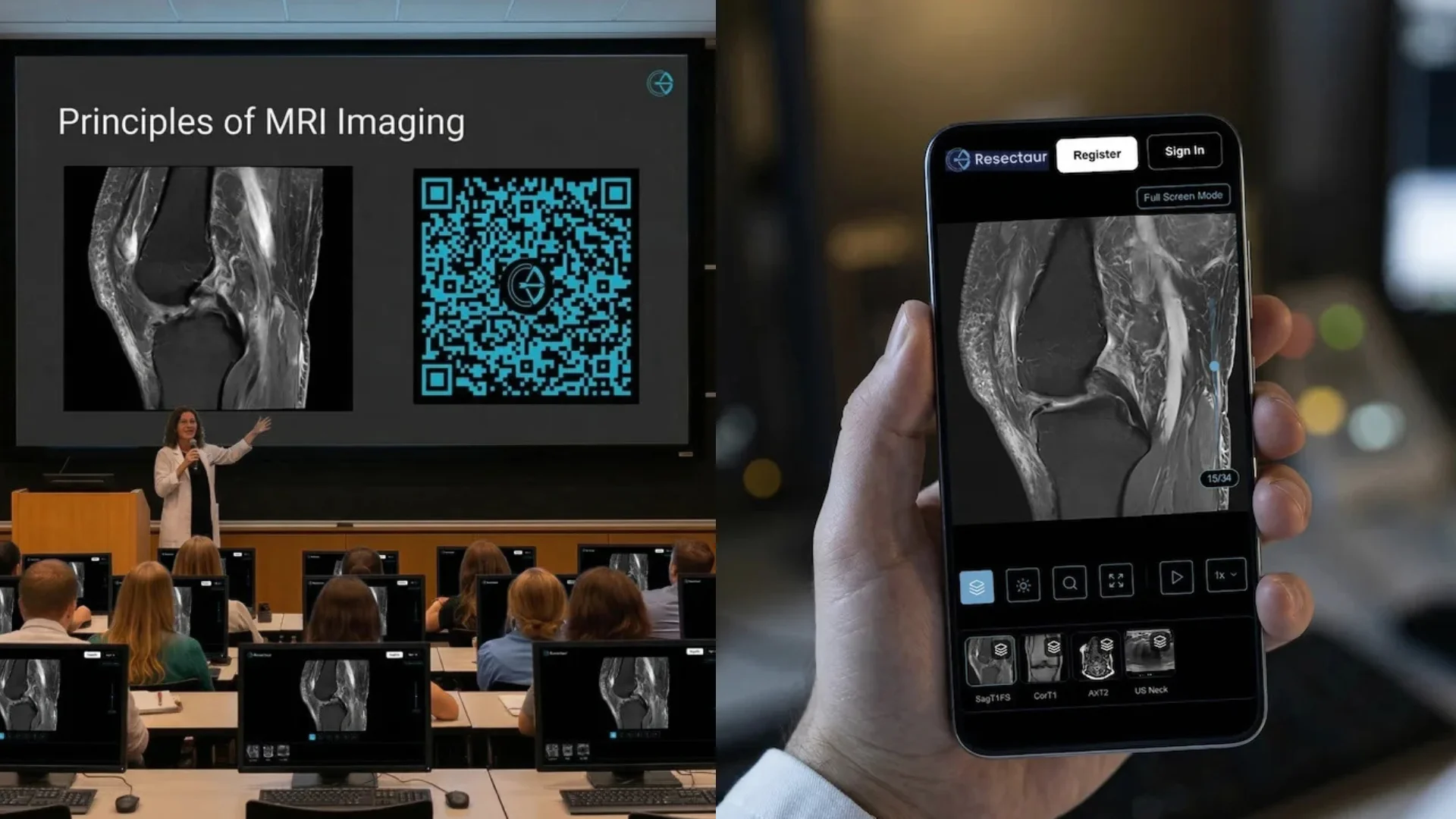 A live radiology lecture with a presenter at the podium while an attendee scrolls through the same imaging case independently on their phone