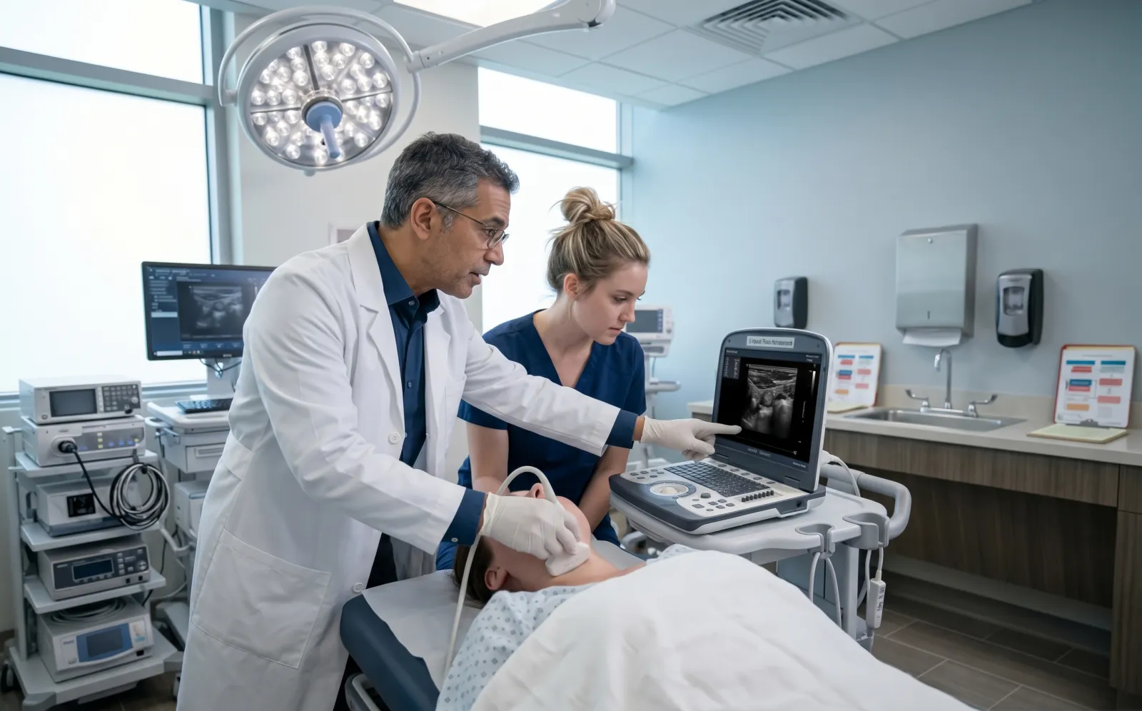 Radiologist teaching a student neck ultrasound